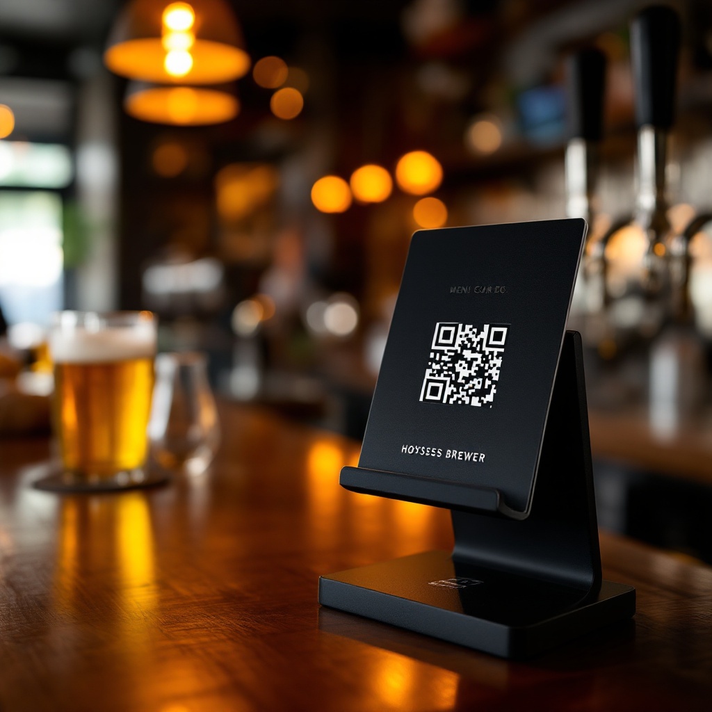 Custom manufactured QR code holder on hostess stand