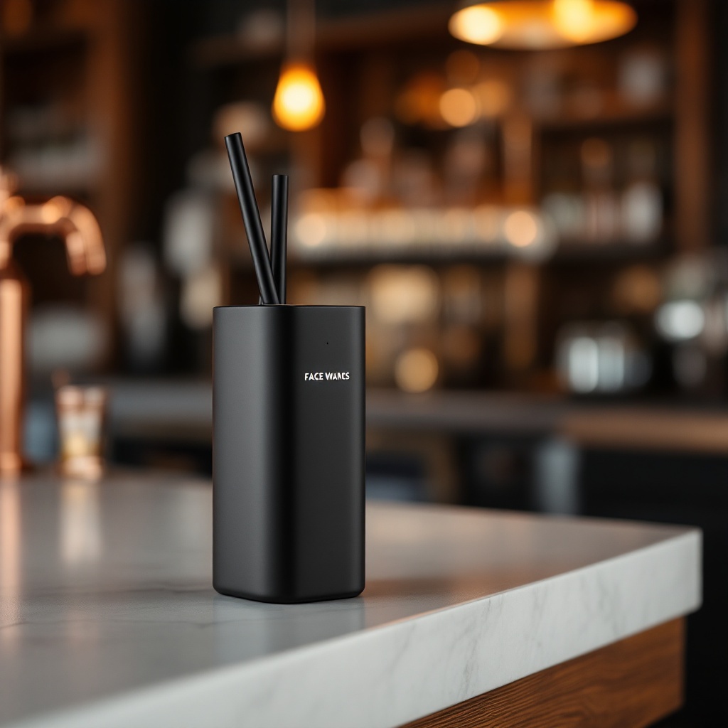 Custom manufactured straw dispenser on bar counter