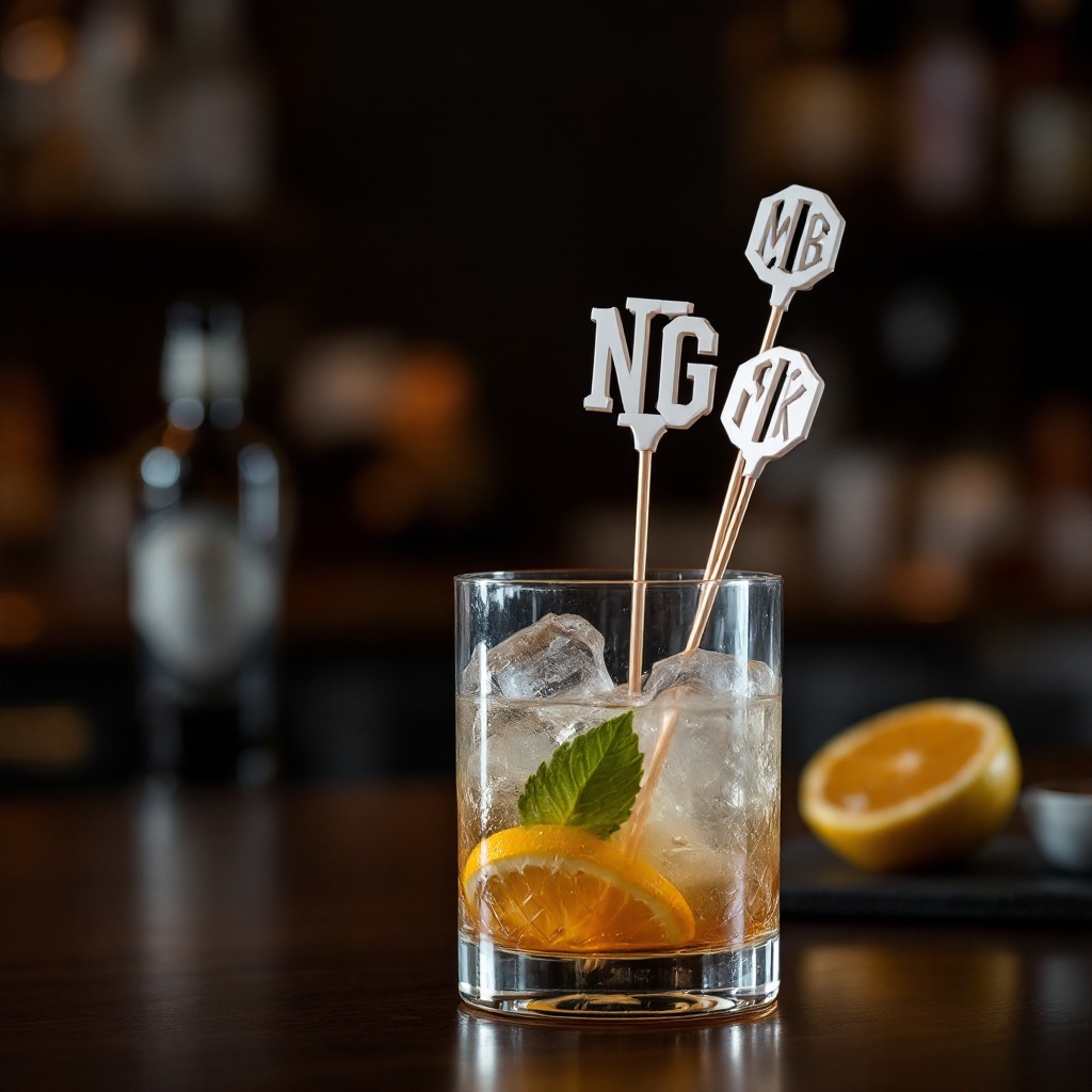 Custom manufactured monogram cocktail stir sticks