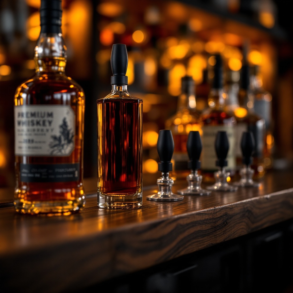Custom manufactured branded liquor pour spouts on spirit bottles