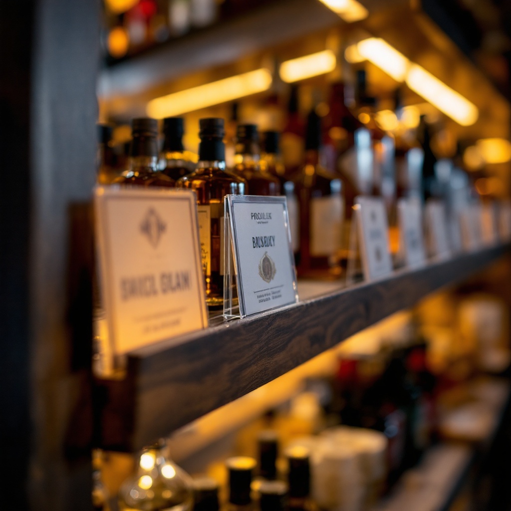 Custom manufactured snap-in shelf label frames on liquor shelves