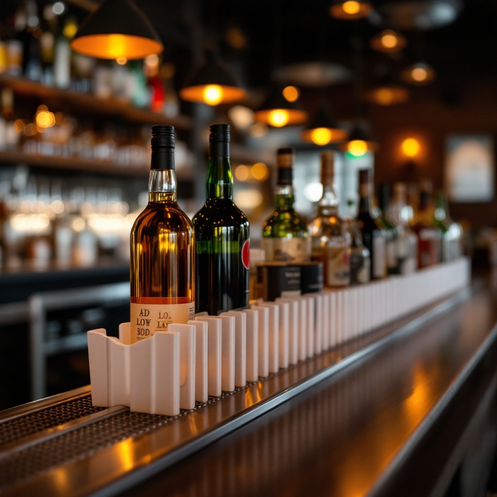 Custom manufactured speed rail bottle dividers behind a bar