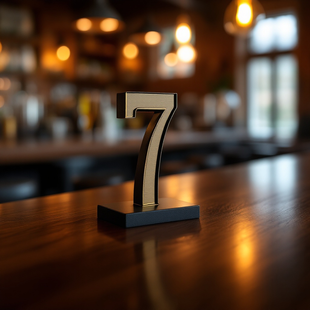 Custom manufactured table number stands on a dark bar surface